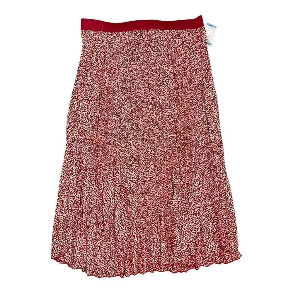 NEW Vince Camuto Size Large Stretchy Pink & Ivory Pleated Midi Twiggy Dot Skirt